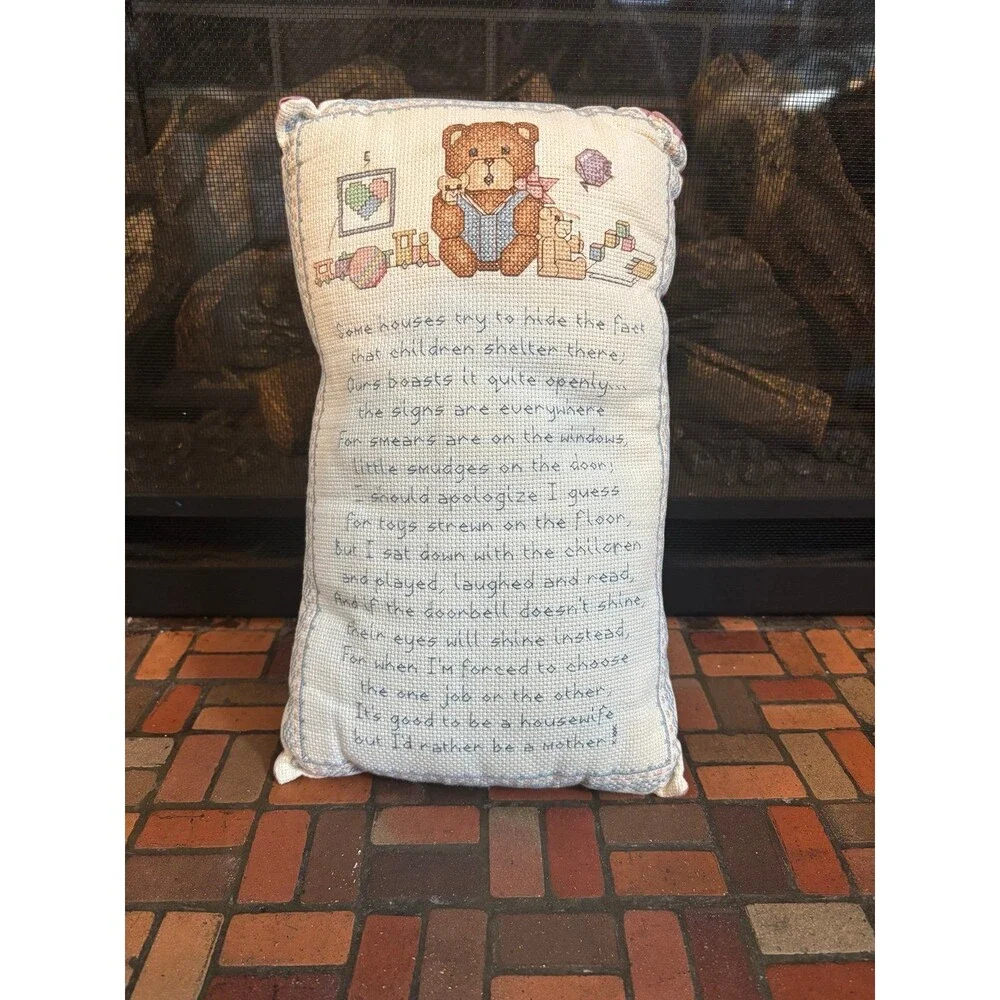 Cottagecore teddy bear hand stitched poem embroidered quote mother pillow toys